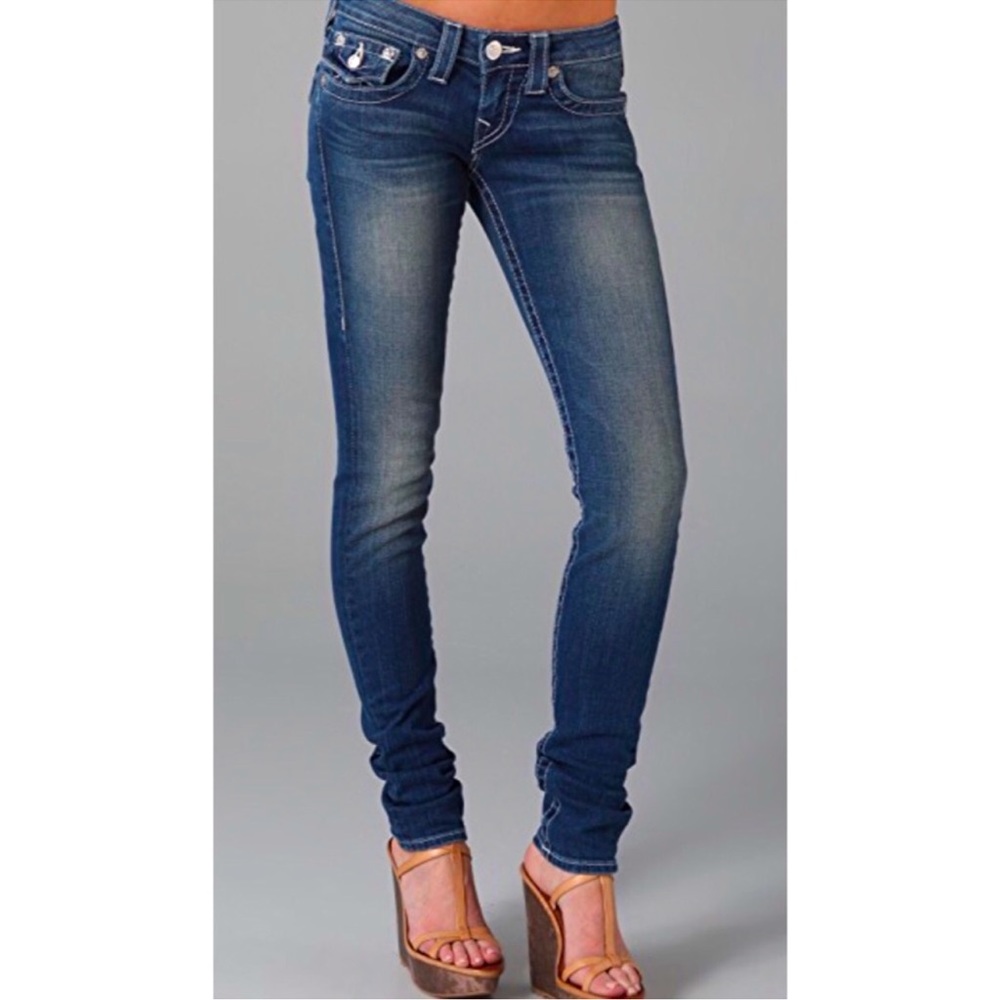 True Religion Julie Skinny Stretch Rhinestone Low Rise Denim Jeans Size 25 EUC